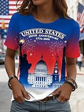  Amerykański Dzień Niepodległości Damskie Podkoszulek Nadruk Graficzny Flaga Elegancki Klasyczny Codzienny Krótki rękaw Półgolf Okrągły dekolt Zwykłe topy Codzienny Niebieski Czerwony Fioletowy