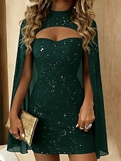 billige Paljettkjoler-Dame Mini kjole Elegant kjole Elegant Mote Moderne utendørs Feriereise Fest Løstsittende عادي Langermet Høyhalset Blå Svart Vin Rød Vår Høst