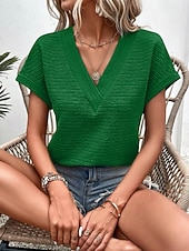 baratos Camiseta lisa-Mulheres Camiseta T-shirt Côr Sólida Moda à moda Clássico Manga Curta Decote V Tops regulares Diário Para Noite Final de semana Rosa Verde Tropa Vermelho Marron Verde Verão Primavera