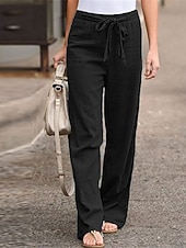 billiga Raka byxor-Dam Brett skaft Långbyxor Casual byxor Semester Mode Streetwear Fullängd Hög midja Slät Snörning Ficka Elastisk midja Komfort Oelastisk Dagligen Semester Gata Svart Vit Marinblå Grön Sommar Vår Höst
