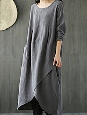 cheap Plain Dress-Women's Midi Dress Shift Dress Casual Daily Loose Fit Plain 3/4 Length Sleeve Crew Neck Black Green Gray Summer Fall Autumn