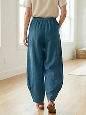 preiswerte Premium-Leinen-Kollektion-Damen-Leinenhose aus 70 % Leinen, weites Bein, Chino-Stil, Sommerhose, Urlaubshose, Streetwear, Basic, lange Länge, mittlere Bundhöhe, schlicht, Tasche, elastischer Bund, bequem, komfortabel, nicht elastisch, für Alltag, Outdoor, Straße, Bordeauxrot, Azur