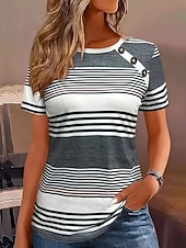 preiswerte Streifen- und geometrisches T-Shirt-Damen T Shirt T-Shirt Knöpfe Druck Gestreift Mode Stilvoll Klassisch Kurzarm Rundhalsausschnitt Normale Oberteile Täglich Ausgehen Wochenende Rote Purpur Grün Grau Sommer Frühling