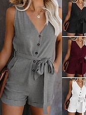 baratos macacões casuais-Mulheres Macacão Ativo Côr Sólida Sem Manga Shorts largos Decote V Com Cordão Bolsos Diário Férias Normal Preto Branco Vinho Verão