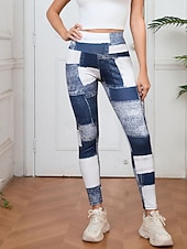 preiswerte -Damen Jeans Leggings Jeggings Urlaub Streetwear Lässig Volle Länge Mittlere Taillenlinie Karomuster Patchwork Tasche Bequem Hohe Elastizität Täglich Heim Outdoor Schwarzgrau Hellblau-Weiß Frühling