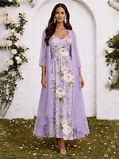 Χαμηλού Κόστους Λουλουδένιο Φόρεμα-Γυναικεία Σετ Φόρεμα Φόρεμα σε γραμμή Α Κομψό Διακοπές Φλοράλ Γραφική Πολυεπίπεδο Στάμπα Μακρύ φόρεμα 3/4 Μήκος Μανικιού Λαιμόκοψη V Επίσημο Ανθισμένο Ροζ Βυσσινί Πράσινο του τριφυλλιού