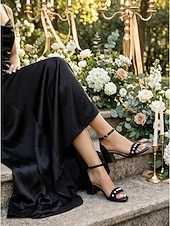cheap Bride-Women's Ivory White Block Heel Sandals with Pearl Detail - Elegant Bridal Shoes for Garden Weddings