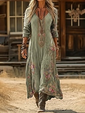  Damen Maxikleid Boho-Kleid Vintage-Kleid Freizeitkleid Vintage Täglich Outdoor Urlaub Lässiger Schnitt Blumen Langarm V Ausschnitt Blau Hellgrün Marineblau Dunkelgrün Frühling Herbst