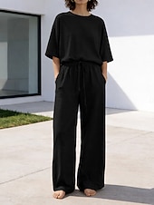 cheap Sets-15% Linen Women's Pants Sets Linen Sets Basic Pure Color Pocket Elastic Waist T Shirt Pant Daily Street Long Sleeve Crew Neck Blue Black White Navy Blue Light Brown Summer Spring
