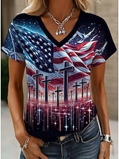  Giorno dell'Indipendenza Americana Per donna Maglietta Stampato Grafico Bandiera Bandiera Americana Vintage Elegante Classico Manica Corta Scollo a V Top Regolari Quotidiano Indaco Bianco Blu marino
