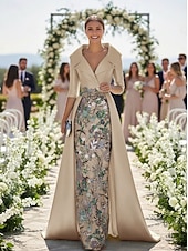 economico Lunghezza del pavimento-Linea ad A Tubino Colonna Lunghezza al pavimento Perline ricamate Abito da invitata a nozze Abito Formale Abito da cerimonia per signora Manica 3/4 Scollo a V Colletto a Camicia Elegante Vintage