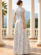  Corte A Hasta el Suelo Vestido Invitada Boda Vestido formal Vestido de noche Vestido de Madrina Manga Corta Diseño Elegante Vintage Boda Formal Jacquard con Lazo(s) Bolsillo