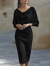 voordelige Eenvoudige jurk-Dames Halflange jurk Werk Jurk Schede jurk Elegant Modieus Modern Kantoor Slank Effen Lange mouw Col Zwart Wit Marineblauw Grijs Lente Herfst