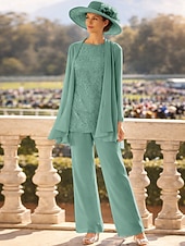 billige Mammas buksedresser-3-delt buksedress gulvlang mor til bruden kjole langermet rund hals elegant formell brudgjest med perler