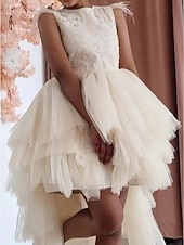abordables Flower Girl Dresses-Princess Short Mini Flower Girl Dress First Communion Girls Cute Prom Dress Satin with Beading Elegant Fit 3-16 Years