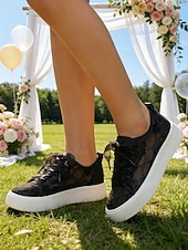 preiswerte Braut-Weiße Plateau-Sneaker mit Spitze für Damen – romantische Brautschuhe für Gartenhochzeiten im Freien