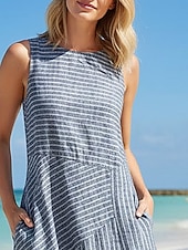 preiswerte Streifen- und geometrische Kleider-Damen Midikleid A Linie Kleid Urlaub Lässig Outdoor Ausgehen Lässiger Schnitt Gestreift Ärmellos Rundhalsausschnitt Blau Grün Grau Sommer Frühling