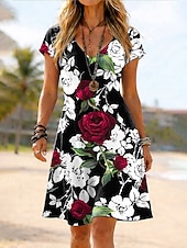 abordables Vestidos florales-Mujer Vestido hasta la Rodilla Vestido de verano Vestido estilo camiseta Vestido de una línea Vacaciones Casual Boho Playa Ajuste regular Floral Graphic Manga Corta Escote en Pico Azul Piscina Rosa