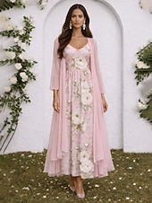 Χαμηλού Κόστους Λουλουδένιο Φόρεμα-Γυναικεία Σετ Φόρεμα Φόρεμα σε γραμμή Α Κομψό Διακοπές Φλοράλ Γραφική Πολυεπίπεδο Στάμπα Μακρύ φόρεμα 3/4 Μήκος Μανικιού Λαιμόκοψη V Επίσημο Ανθισμένο Ροζ Βυσσινί Πράσινο του τριφυλλιού