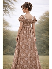 preiswerte Kleid-Retro Vintage Mittelalterlich Renaissance Bodenlang Kleid Ballkleid Kleid im Regency-Stil Puffärmel / Ballon Jacquard Blumen Kostüm Damen Halloween Karneval Abschlussball Hochzeit Maskerade Erwachsene