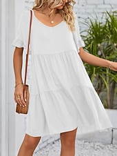voordelige mini zwarte jurk-Dames Mini-jurk Casual jurk Katoenen jurk Zomerjurk Elegant Modieus Modern Buiten Vakantie Uitgaan Ruim Passend Effen Korte mouw V-hals Zwart Wit Leger Groen Bordeaux Zomer Lente