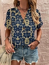 abordables T-shirt Boho-Women's T Shirt Tee Top Buttons Print Floral Graphic Bohemia Vintage Stylish Short Sleeve V Neck Long Tops Daily Going out Weekend Blue Wine Red Navy Blue Summer Spring