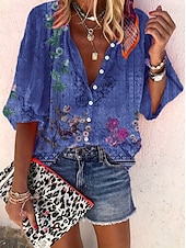 Недорогие Цветочные блузки-Жен. Рубашка С принтом Омбре Цветочный принт Графика Богемия Винтаж Повседневные Рукав 3/4 V-образный вырез Обычные топы Повседневные Праздники Одежда для пляжа