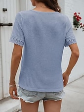 voordelige Effen Blouses-Dames T-shirt Kant Lapwerk Effen Modieus Stijlvol Klassiek Korte mouw V-hals Normale tops Dagelijks Uitgaan Weekend blauw Zwart Wit Leger Groen Groen Zomer Lente