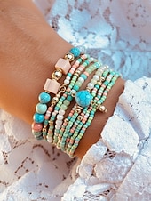 levne Dovolená příslušenství-Dámské vícebarevné korálkové náramky z pryskyřice a slitiny v bohémském stylu, moderní a zářivý vzhled, ideální na dovolenou i pro běžné nošení.