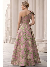 economico Abiti da Sera a Linea A-Linea ad A Lunghezza al pavimento Abito da Sera Elegante Senza Maniche Monospalla Matrimonio Formale Tasca Jacquard Shiena scoperta con Fiocco/Fiocchi Pieghe Spacco