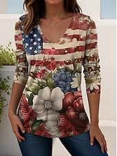  Tricou patriotico pentru femei cu grafică steag american vintage stilat clasic cu mânecă lungă gât în V regular tops de zi cu zi weekend negru roșu roșu/albastru vară primăvară