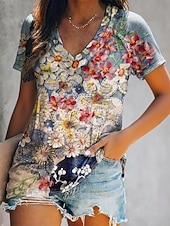 abordables T-shirt Boho-Mujer Camiseta Estampado Floral Pintada Bohemia Vintage Casual Manga Corta Escote en Pico Tops regulares Diario Azul Piscina Verano Primavera