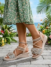 voordelige Vrouwen-Zwarte platte sandalen met enkelbandje en strasssteentjes voor dames - sprankelende, met juwelen versierde sandalen met open neus, stijlvolle en comfortabele sandalen voor elke dag.
