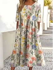 cheap Floral Dress-Women's Midi Dress Casual Dress Floral Dress Elegant Beach Regular Fit Floral Leaf Half Sleeve Crew Neck Blue Orange Khaki Beige Summer Spring