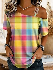ieftine Tricou cu dungi și geometric-Pentru femei Tricou Grafic Imprimare de marmură Tropical Hawaiană Casual Manșon scurt Pe Umăr Gât asimetric Topuri lungi Zilnic Sport Ieșire Albastru piscină Galben Portocaliu Trifoi Vară Primăvară