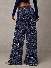 baratos perna larga e cintura alta-Mulheres Calças Calça casual Reto Moda Roupa de rua Básico Comprimento total Cintura Alta Tecido Paetês Bolsos Cintura elástica Confortável Micro-Elástica Diário Férias Festa Preto Azul Marinha Azul
