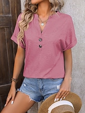 cheap Plain Blouses-Women's T Shirt Tee Top Buttons Plain Fashion Stylish Classic Short Sleeve V Neck Regular Tops Daily Going out Weekend Black Pink Sky Blue Fuchsia Green Summer Spring