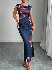 voordelige Bloemenjurk-Dames Maxi-jurk Satijnen Jurk Bodycon Bloemetjesjurk Jurk met print Elegant Modieus Modern Buiten Vakantie Feest Normale pasvorm Bloemig Mouwloos Strakke ronde hals Marineblauw Zomer Lente