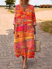 economico Abiti da vacanza-Abito Midi da Donna V Collo Maniche Lunghe Kaftan Leggero Comodo A Line Abito Casual Boho Uscita Grafica Geometrica Strisce Maniche Lunghe V Collo Arancione Rosso Nero Giallo Rosa