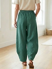 preiswerte Premium-Leinen-Kollektion-Damen-Leinenhose aus 70 % Leinen, weites Bein, Chino-Stil, Sommerhose, Urlaubshose, Streetwear, Basic, lange Länge, mittlere Bundhöhe, schlicht, Tasche, elastischer Bund, bequem, komfortabel, nicht elastisch, für Alltag, Outdoor, Straße, Bordeauxrot, Azur