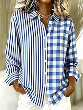 ieftine Bluze în dungi și geometrice-Pentru femei Cămașă Bluză Peteci Nasturi Imprimeu Grafic Geometric Plisat Epocă Tropical Zilnic Manșon Lung Guler Cămașă Topuri obișnuite Zilnic Albastru piscină Galben Roz Îmbujorat Vară Primăvară