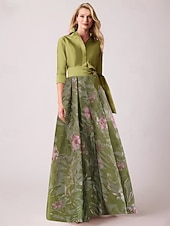 cheap Floor Length-A-Line Floor Length Shirt Dress Wedding Guest Dress Formal Dresses Mother of the Bride Dress Long Sleeve Shirt Collar Elegant Vintage Wedding Formal Nylon with Floral Print Bow(s) Slit