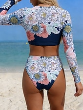 tanie Zestawy bikini-Damskie Stroje kąpielowe Bikini 2 szt Majtki Kostium kąpielowy Szczupła Odkryte plecy Urlop Stroje plażowe Kwiaty Okrągły dekolt Długi rękaw Kostiumy kąpielowe