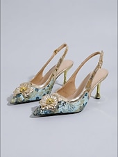 cheap Mother of Bride/Groom-Women's Blue Floral Slingback Heels with Gold Trim - Elegant Kitten Heel Pumps for Mother of the Bride at City Weddings