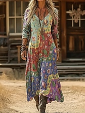 abordables Vestido Boho Étnico-Mujer Vestido largo maxi Vestido bohemio Vestido vintage Vestido informal Vintage Diario Exterior Vacaciones Ajuste regular Floral Manga Larga Escote en Pico Azul Piscina Morado Verde Trébol Gris