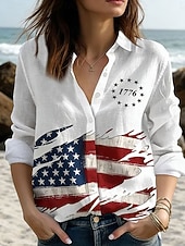 abordables Top jour de l’indépendance-Jour de l'Indépendance Américaine Femmes Chemise Boutons Imprimé Graphique Drapeau Américain Élégant ancien Tropical manche longue Col de chemise Hauts Réguliers Quotidien Travail Bleu Noir Blanche