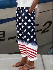 preiswerte Unabhängigkeitstag Hosen-Unabhängigkeitstag Patriotische Damen Hosen Freizeit Hosen Urlaub Vintage Ethnischer Stil Voll-Länge Hohe Taille Hose Blumen Amerikanische Flagge Kordelzug Seitentaschen Druck Komfort Atmungsaktivität