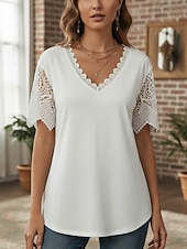 preiswerte Spitzenoberteile-Damen Hemd Bluse Spitzentops Patchwork Spitzenbesatz Einfach Bohemien Stilvoll Lässig Kurzarm V Ausschnitt Normale Oberteile Täglich Ferien Ausgehen Weiß Rosa Purpur Leicht Blau Sommer Frühling