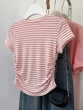 preiswerte Streifen- und geometrisches T-Shirt-Damen T Shirt T-Shirt Druck Gestreift Mode Stilvoll Klassisch Kurzarm Rundhalsausschnitt Normale Oberteile Täglich Ausgehen Wochenende Blau Rosa Sommer Frühling