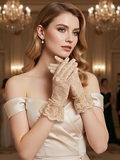 baratos Casamento ACC-Luvas femininas de poliéster com renda, design floral elegante e transparente, macias e leves, estilo clássico vintage em diversas cores, ideais para noivas, casamentos, festas noturnas, formaturas e eventos formais.